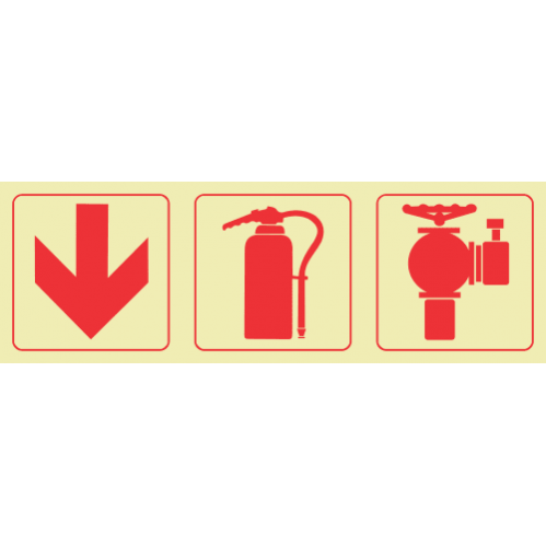 Arrow Down & Fire Extinguisher & Fire Hydrant Photoluminescent Sign 