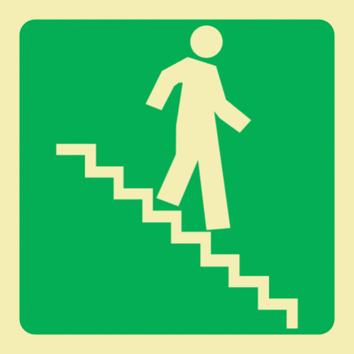 Running Man On Stairs Going Down & Right Photoluminescent Sign 