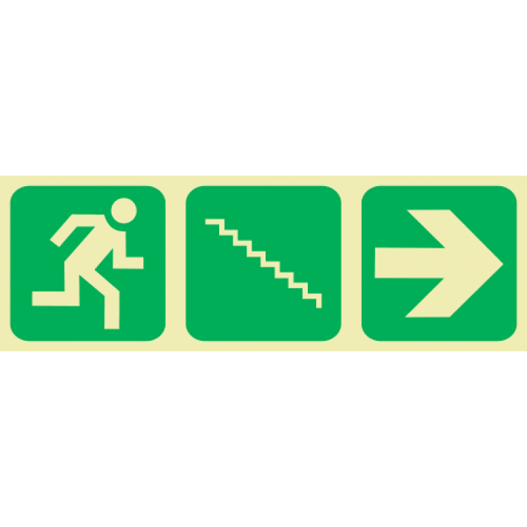 Running Man & Stairs Going Down & Arrow Right Photoluminescent Sign 