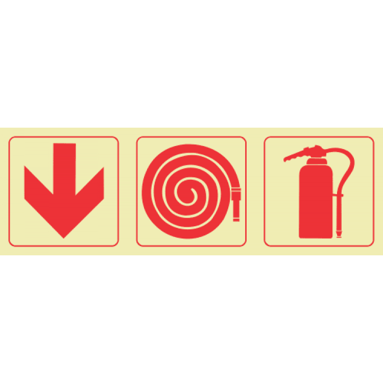 Arrow Down & Fire Hose Reel & Fire Extinguisher Photoluminescent Sign 