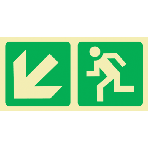 Diagonal Arrow Down & Left & Running Man Photoluminescent Sign 