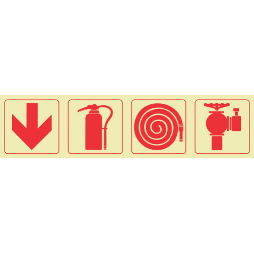 Arrow Down & Fire Extinguisher & Fire Hose Reel & Fire Hydrant Photoluminescent Sign 