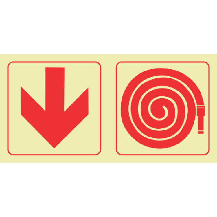 Arrow Down & Fire Hose Reel Photoluminescent Sign 