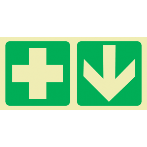 Green Cross & Arrow Down Photoluminescent Sign 
